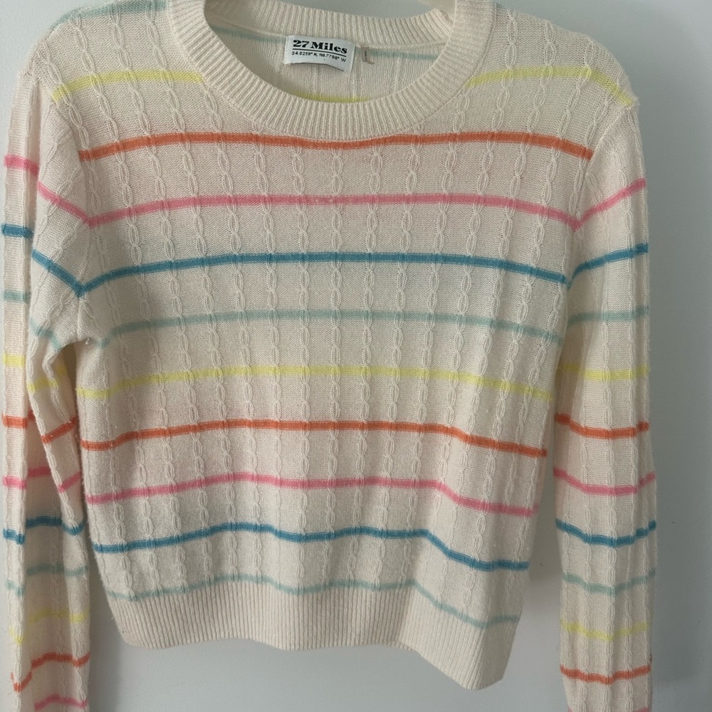27 Miles Cashmere Women's Cable Knit Sweater - Cream with Multicolor Stripes